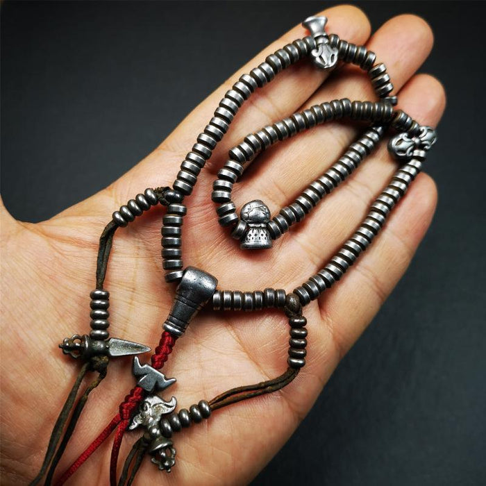 0.2" Cold Iron Mala,15" - Tibetan Buddhist mala beads, detailed view