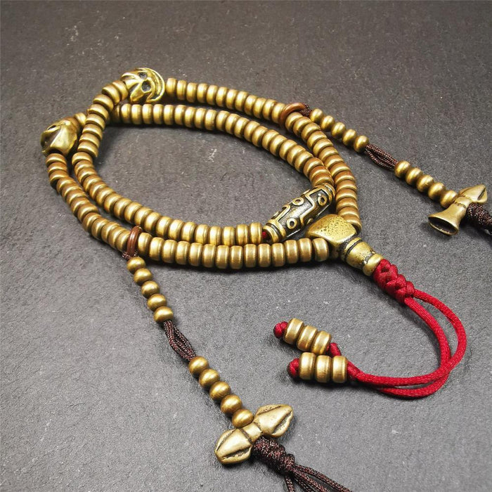 0.2" Lima Brass Mala,15" - Tibetan Buddhist mala beads, view 4
