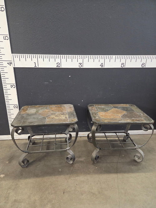 02264 Metal and Slate Tile End Tables (Set of 2)