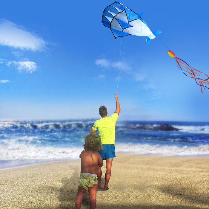 3D Kite Huge Frameless Soft Parafoil Giant Dolphin Blue