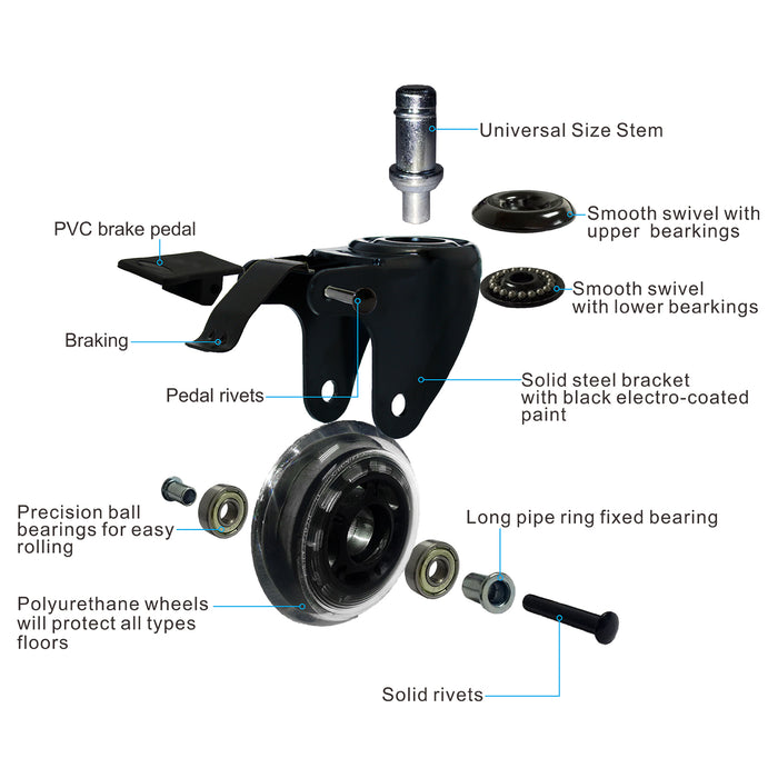 5Pcs Replacement Office Chair Casters with Brake Wheels Smooth Quiet