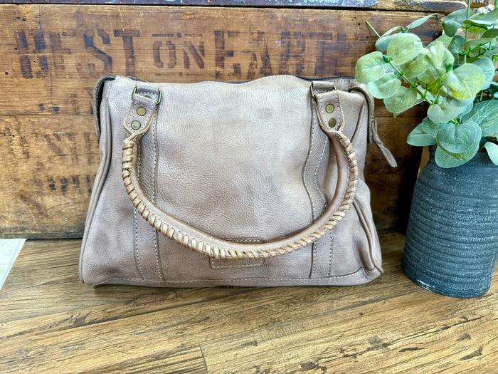 Light gray leather cowhide purse with braided handle strap and stitched edge trim