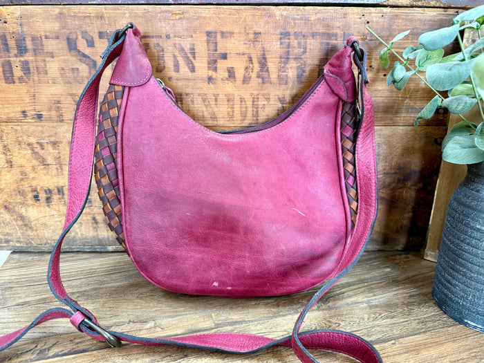 Magenta braided leather hobo purse with shoulder strap, American Darling