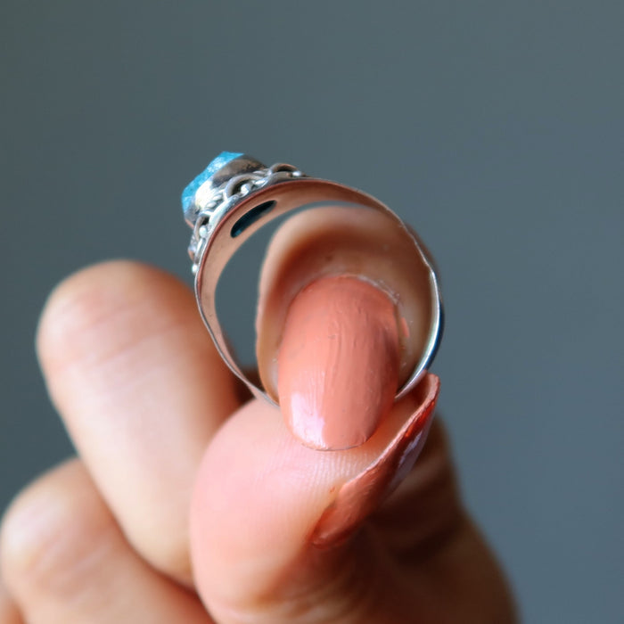 Apatite Ring Radiant Raw Blue Gem Manifestation Sterling Silver