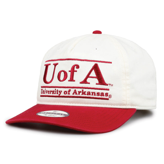 Arkansas Original Bar snapback hat showing embroidered front design and curved brim, angled view