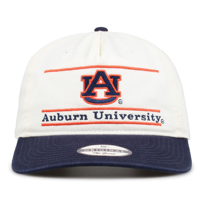 Front view of Auburn Original Bar Snapback with ivory crown, navy brim, and orange-and-navy AU logo and Auburn University embroidery.