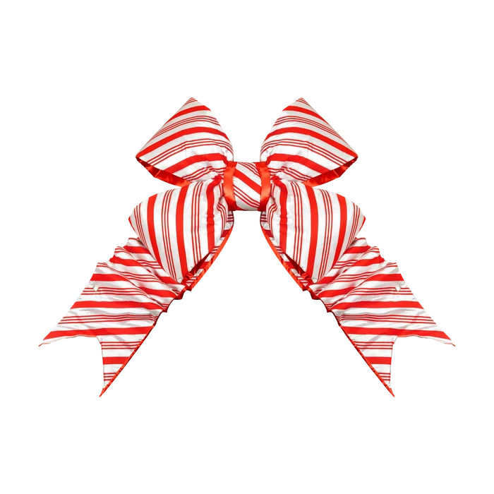 Candy Cane Structural Bow featuring red and white stripes, oversized loops, and layered pointed tails.