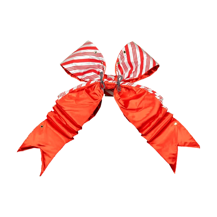 Candy Cane Structural Bow featuring red and white stripes, oversized loops, and layered pointed tails.