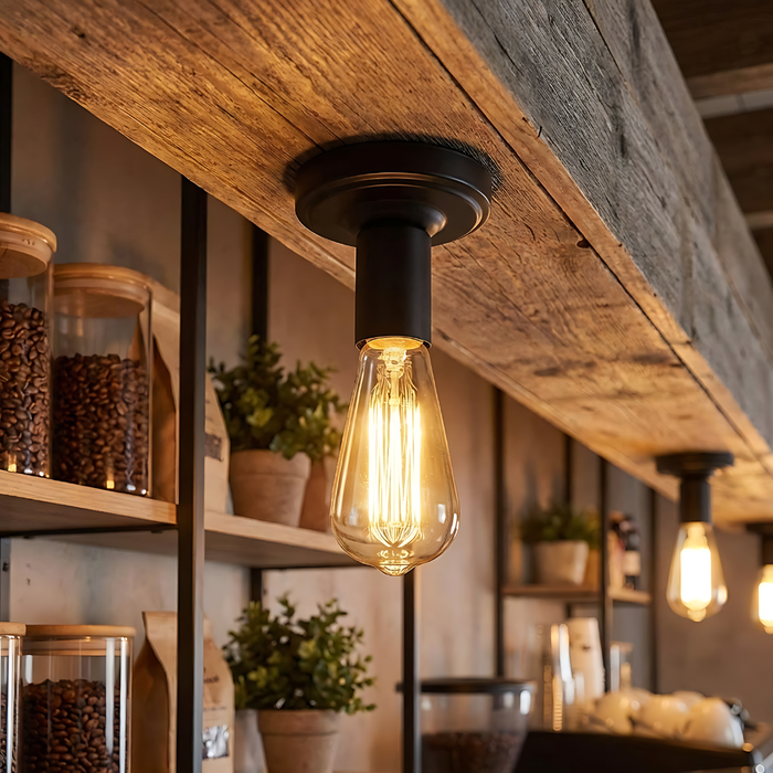 Vintage-style light bulb hanging from a wooden ceiling with shelves and plants in the background
