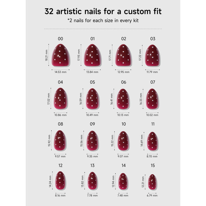 CELEBRITIPS Berry Polka Dot press-on nails size guide showing 16 sizes with measurements