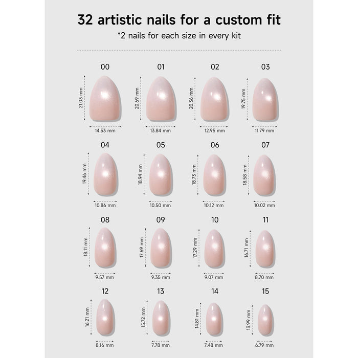32 nude press-on nail sizes chart showing measurements and dimensions for custom fit application