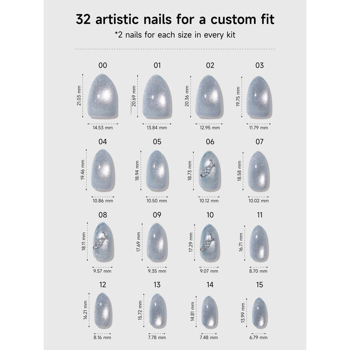 32 artistic nail tips in Sea Salt shade showing size range from 00 to 15 with measurements