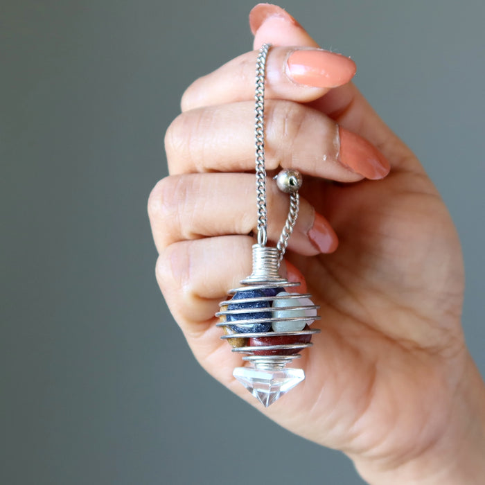 Chakra Pendulum Tumbled Stones & Quartz Pyramid Cage