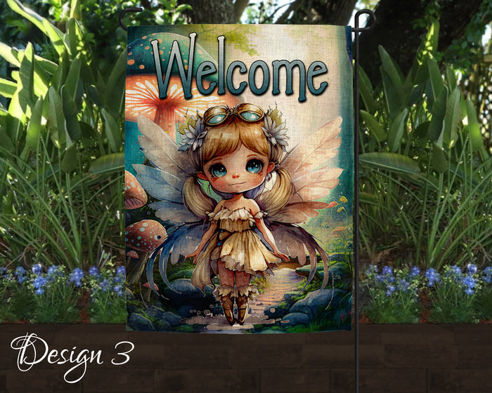 Cute Watercolor Fairy Garden Art Linen Garden Welcome Flag - 5 Design Choices