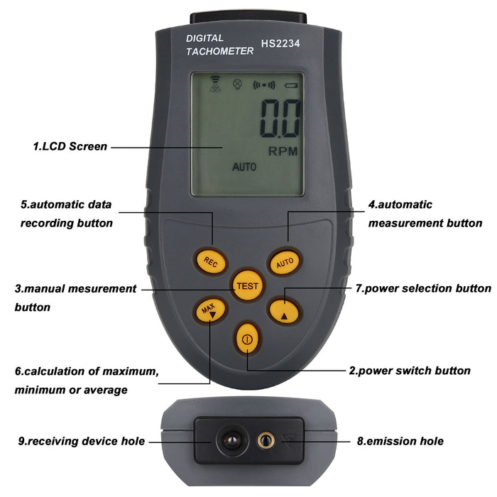 Digital Tachometer 2.5~99,999 RPM Accuracy Non-Contact Laser Photo Tachometer