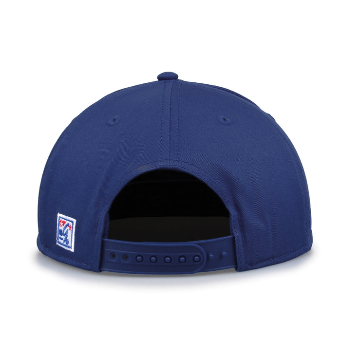 Duke Retro Bar snapback hat in royal blue, straight rear view showing the adjustable snap closure