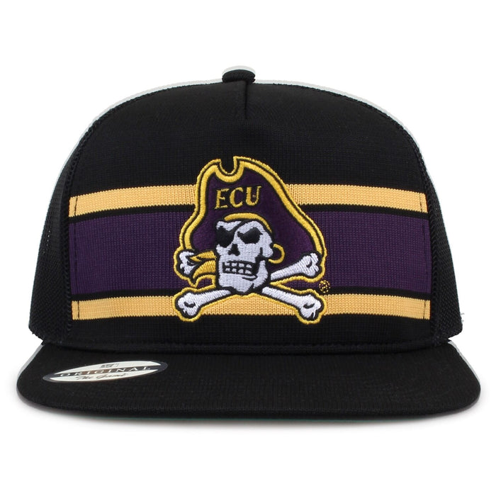 East Carolina University Class of '92 trucker hat, front view with embroidered logo and stripes