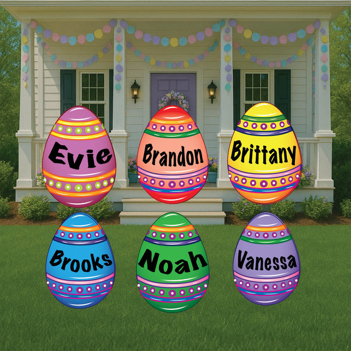 Personalized - Custom Easter Egg Yard and Lawn decorative signs. 14 inch metal signs in the shape of easter eggs in a variety of colors. Can customize with any name or saying. Perfect for the Easter Holiday.