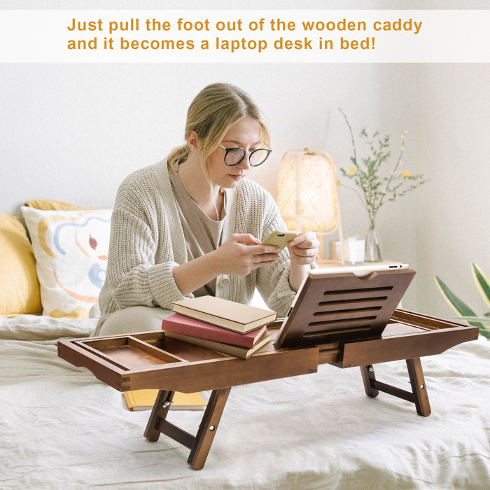 Expandable Bamboo Bathtub Caddy Bath Tub Organizer Tray