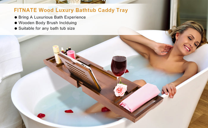 Expandable Bamboo Bathtub Caddy Bath Tub Organizer Tray