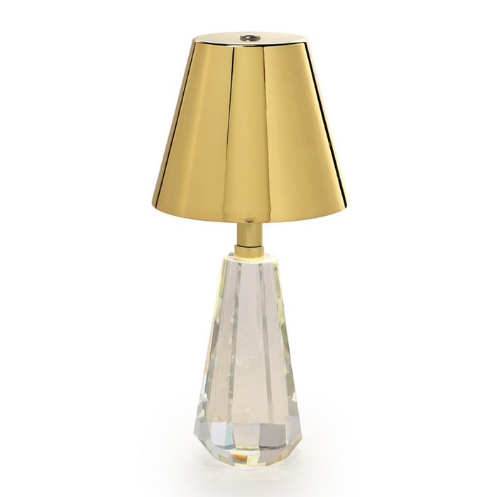 Faceted Crystal-Style Glass LED Cordless Table Lamp with Gold Metallic Shade