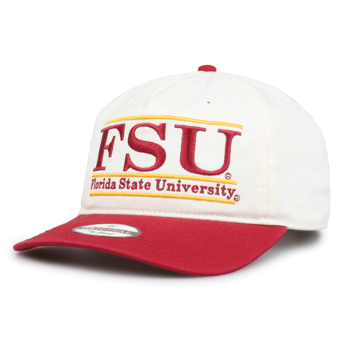 Florida State Original Bar snapback hat showing embroidered front design and curved brim, angled view