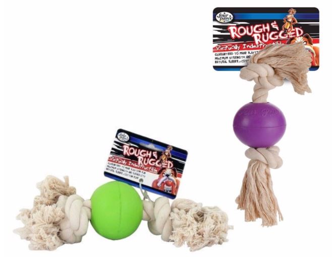 Four Paws Rough & Rugged Tough Ball & Cotton Rope Tug Dog Toy (2.75" - Rubber)