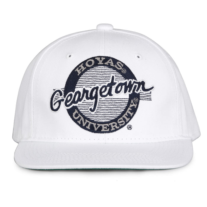 Georgetown Retro Circle snapback hat in white, front view