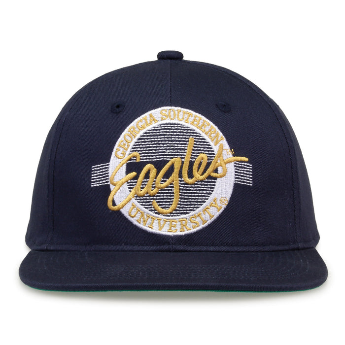 Georgia Southern Retro Circle snapback hat in navy, front view