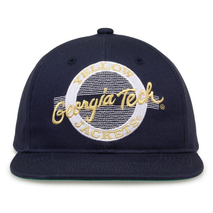 Georgia Tech Retro Circle snapback hat in navy, front view