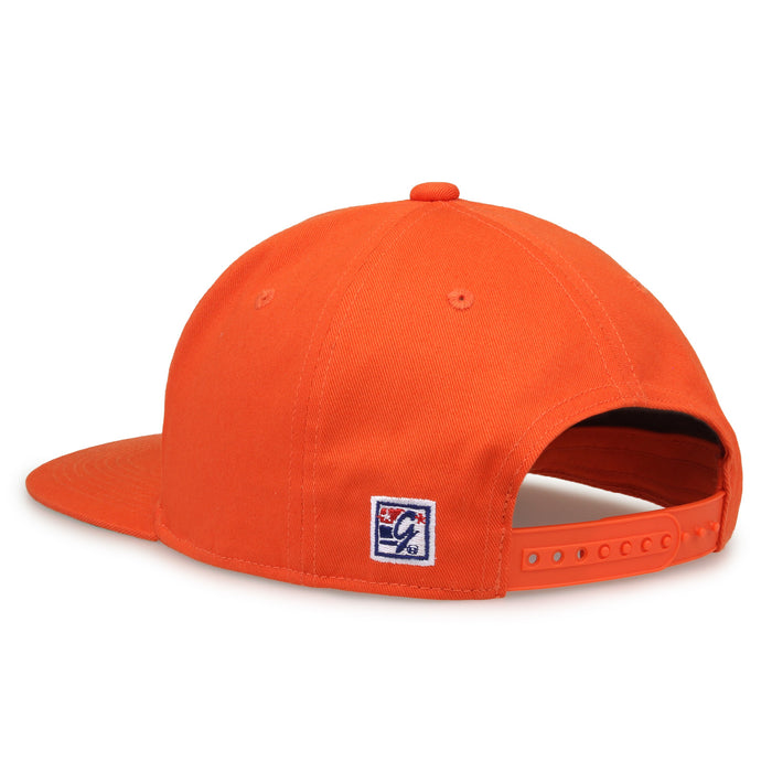 Illinois Retro Bar snapback hat in orange, rear view showing the adjustable snap closure