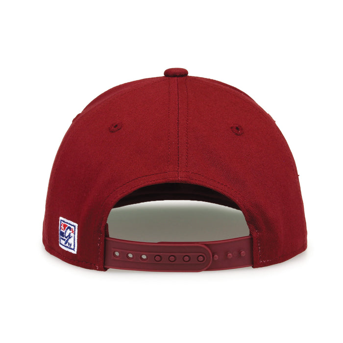Indiana Retro Bar snapback hat in red, straight rear view showing the adjustable snap closure