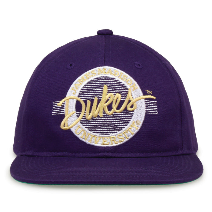 James Madison Retro Circle snapback hat in purple, front view