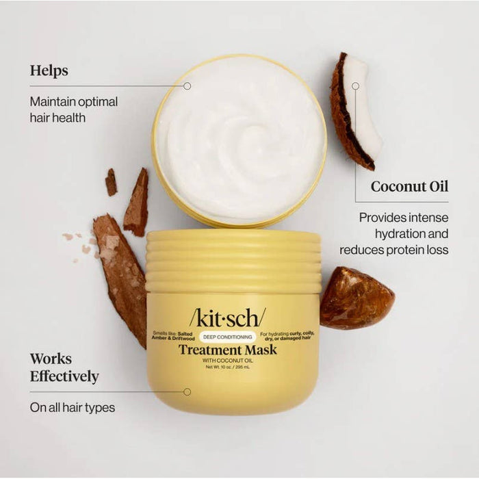 Kitsch Coconut Oil Deep Conditioning Treatment Mask with benefits infographic showing ingredients and uses