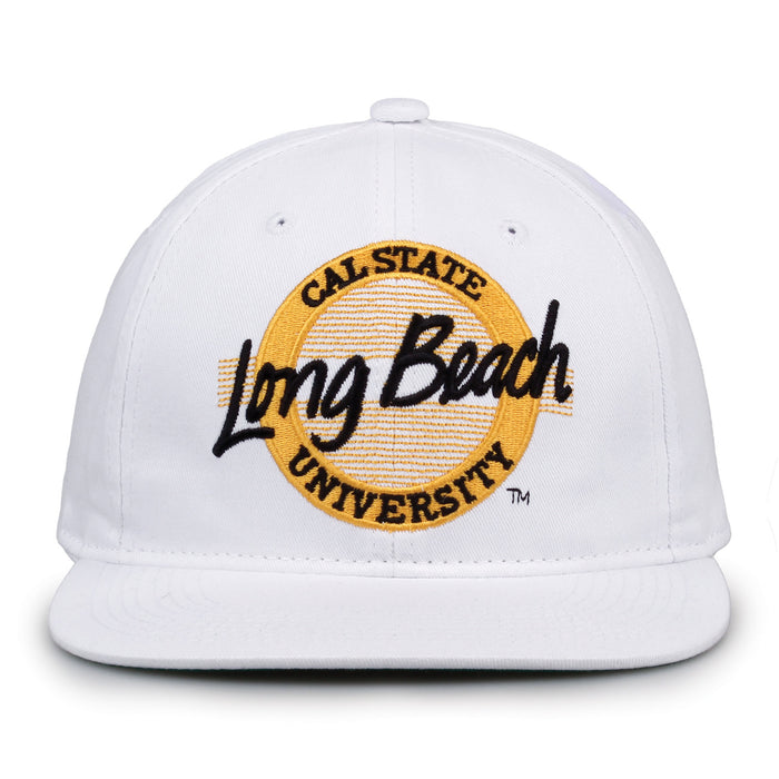 Long Beach Retro Circle snapback hat in white, front view