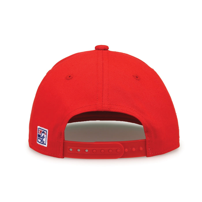 Louisville Retro Bar snapback hat in red, straight rear view showing the adjustable snap closure