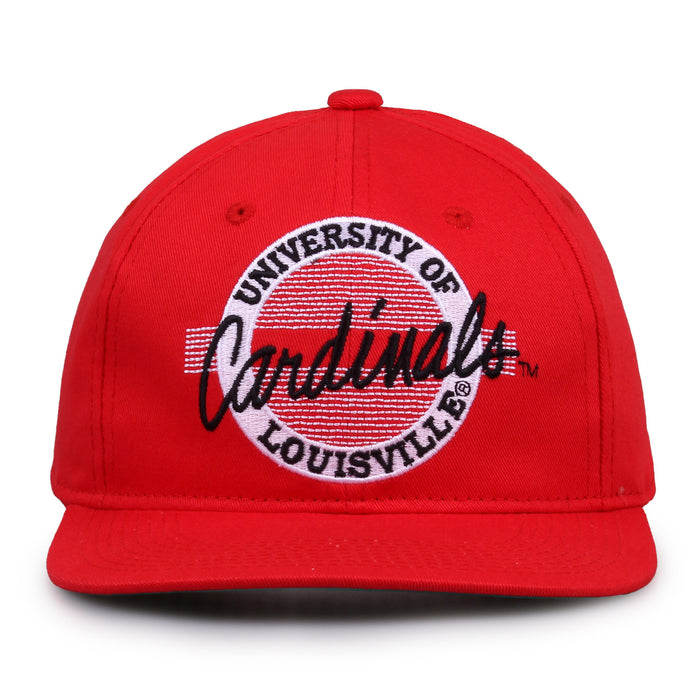 Louisville Retro Circle snapback hat in red, front view