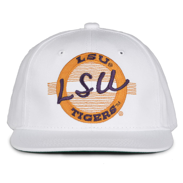 LSU Retro Circle snapback hat in white, front view