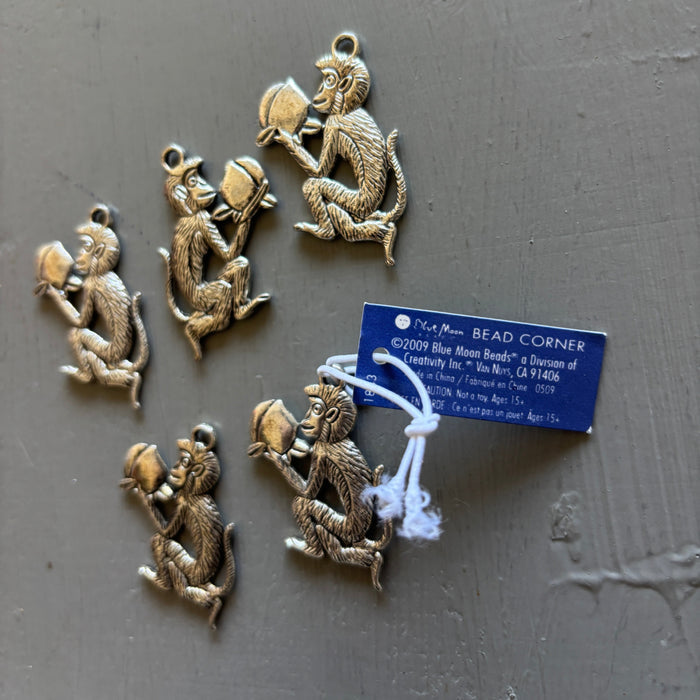 Metal Charm Bundle: 5 Silver Monkey Coconut Pendants