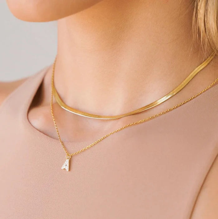 Mini Crystal Initial Charm Necklace- Waterproof