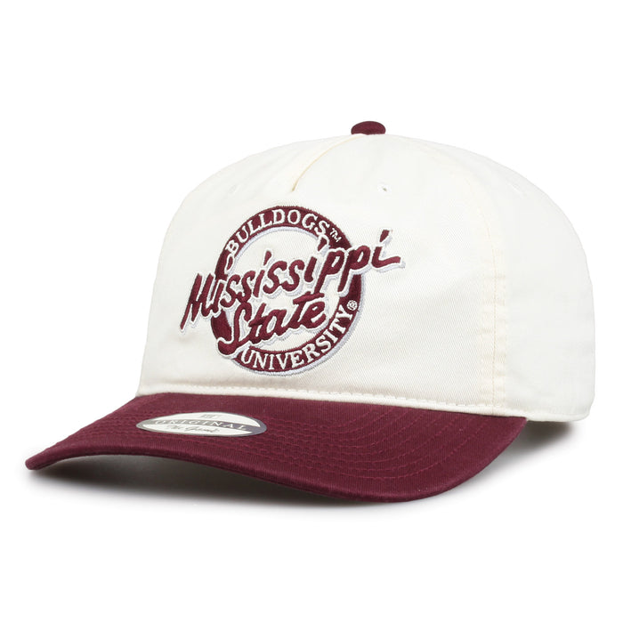 Miss State Original Circle snapback hat showing embroidered front design and brim, angled view