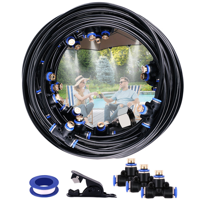 Mist Cooling System 26Ft Line + 10 T-Joint Nozzles Water Sprayer Patio Garden Lawn