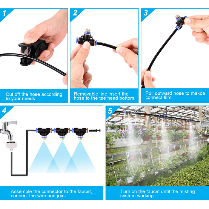 Mist Cooling System 26Ft Line + 10 T-Joint Nozzles Water Sprayer Patio Garden Lawn