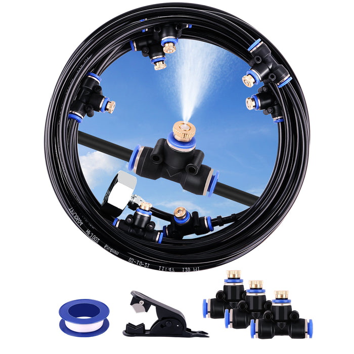 Mist Cooling System 26Ft Line + 10 T-Joint Nozzles Water Sprayer Patio Garden Lawn