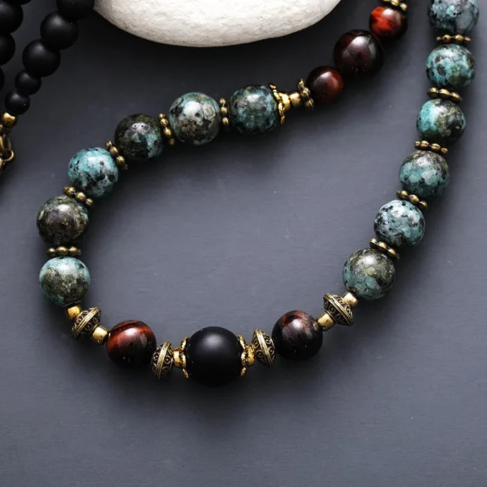 Natural African Turquoise, Black Onyx, Tiger's Eye Beaded Choker Necklace