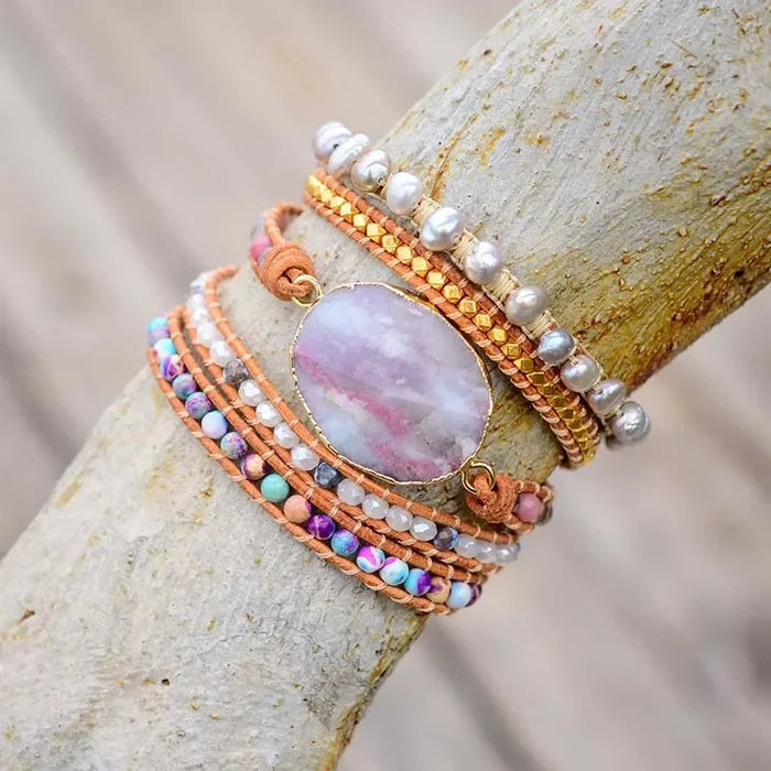 Natural Agate, Mixed Jasper & Freshwater Pearls Leather Wrap Bracelet