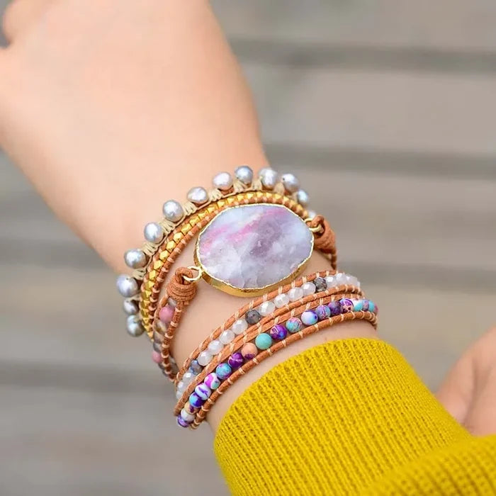 Natural Agate, Mixed Jasper & Freshwater Pearls Leather Wrap Bracelet