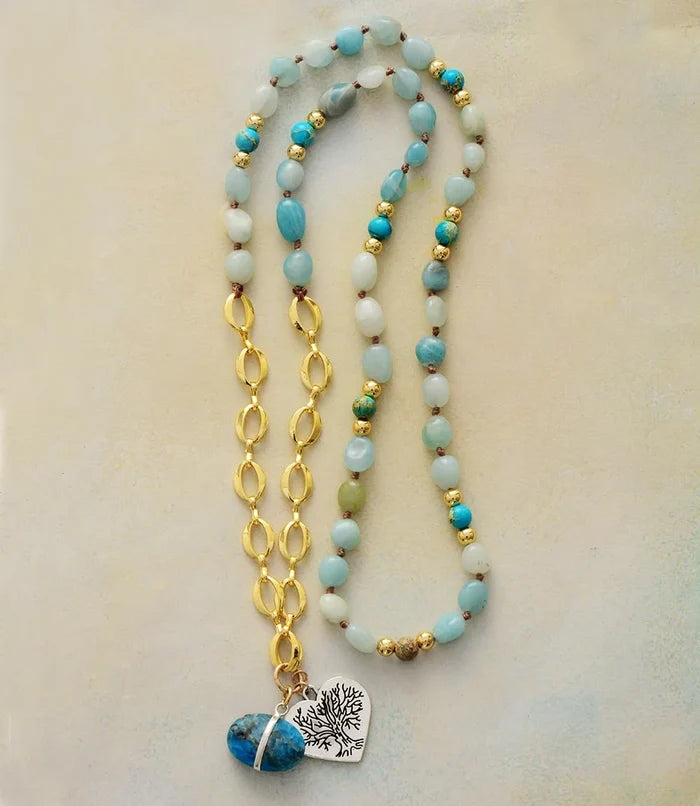 Natural Amazonite & Apatite Pendant Gold Plated Chain Tree of Life Necklace