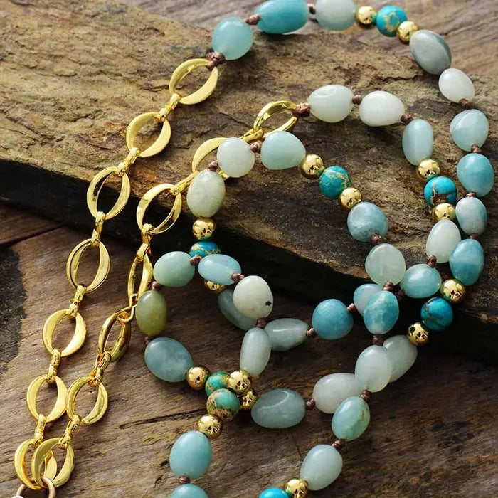 Natural Amazonite & Apatite Pendant Gold Plated Chain Tree of Life Necklace