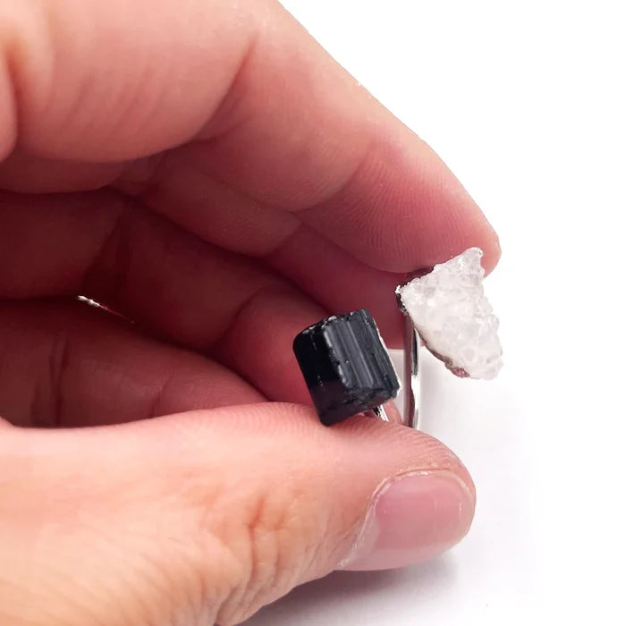 Natural Black Tourmaline & Clear Quartz Open Adjustable Ring